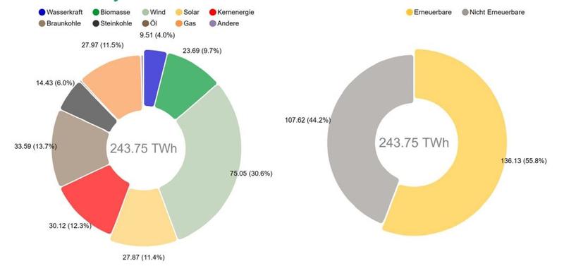 Die Grafik zeigt die Nettostromerzeugung aus Kraftwerken zur öffentlichen Stromversorgung. Das ist der Strommix, der tatsächlich aus der Steckdose kommt. Die industrielle Erzeugung für den Eigenverbrauch ist bei dieser Darstellung nicht berücksichtigt.