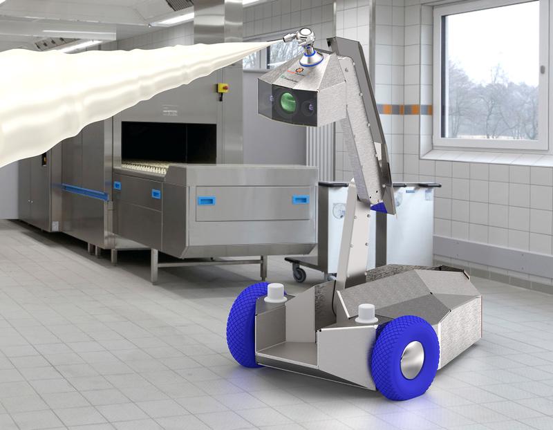 Der ausfahrbare Roboterarm des Mobile Cleaning Device 4.0 mit Zielstrahlreiniger erreicht auch höher gelegene Anlagenbereiche.