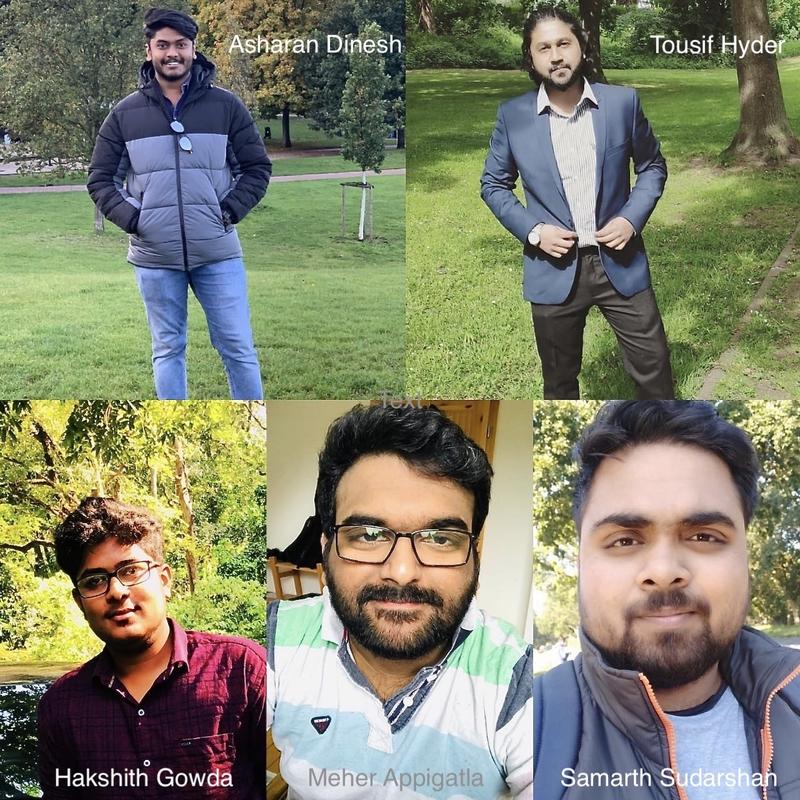 Fünf Studierende der Jacobs University wollen Tagelöhnern in Indien mit Spenden aus Deutschland helfen. V.l.n.r.: Asharan Dinesh, Mohammed Tousif Hyder, Hakshith Gowda Ravikumar, Meher Appigatla und Samarth 