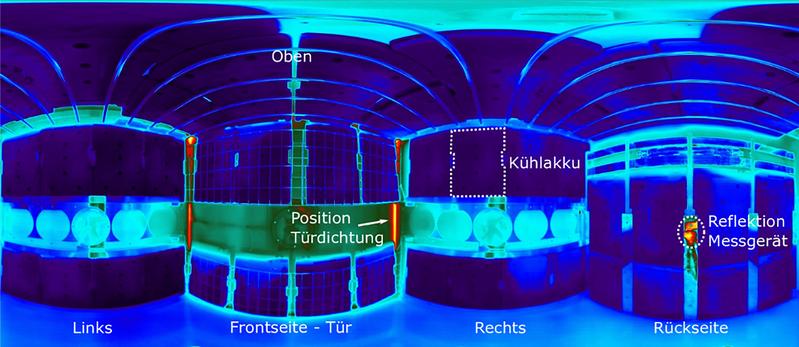 Thermografiepanorama des Inneren eines va-Q-tainers: Kalte Bereiche sind blau, warme Bereiche rot eingefärbt. Anhand der Aufnahmen wird die Differenz zwischen den gut isolierenden VIPs (grün) und konventionell isolierten Teilen (rot) deutlich.