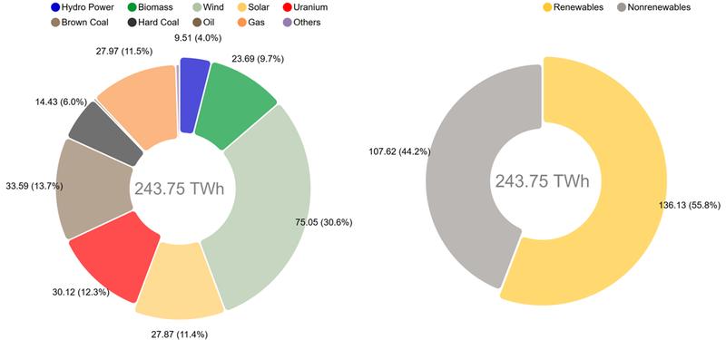 The graphs show the net electricity generation of power plants supplying the public grid. That is the electricity mix that actually comes out of the socket. 