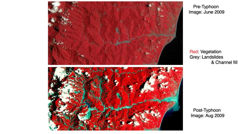 Satellitenaufnahmen vor und nach dem Taifun zeigen die immense Erosion. Der Sturm beeinflusste damit sogar die Erdbebenaktivität.