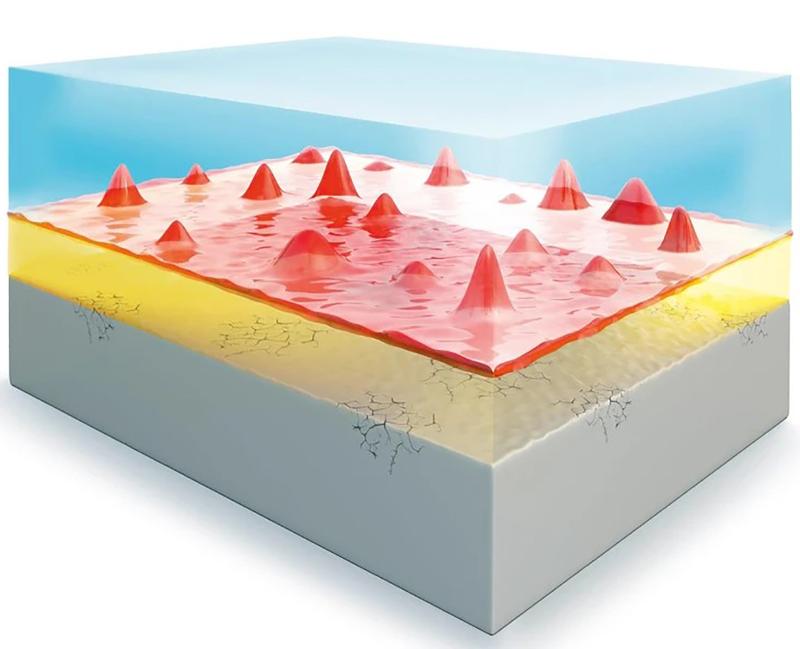 Inhomogenitäten in der äußeren SEI-Schicht (rot) führen beim Laden zu unterschiedlichen Lithium-Anteilen in der Silizium-Anode (gelb/grau), sodass es zu Rissen und anderen Defekten kommt.