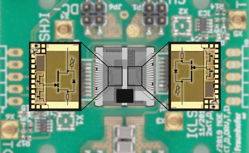 Röntgenaufnahme der Halbbrückenschaltung und Schaltplan der integrierten GaN Power ICs