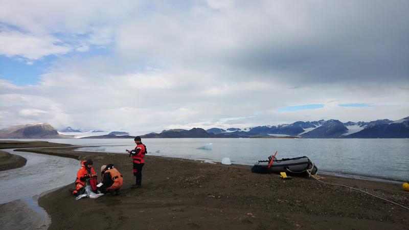From left to right: Claudia Schmidt (HZG), Chantal Mears (HZG) and Torben Stichel (AWI) take water and sediment samples at the transition of the meltwater of the glacier "Midtre Lovénbreen" in Kongsfjord. 