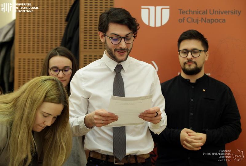Französische, rumänische und deutsche Studierende verlesen die Absichtserklärung am 4. Februar 2020