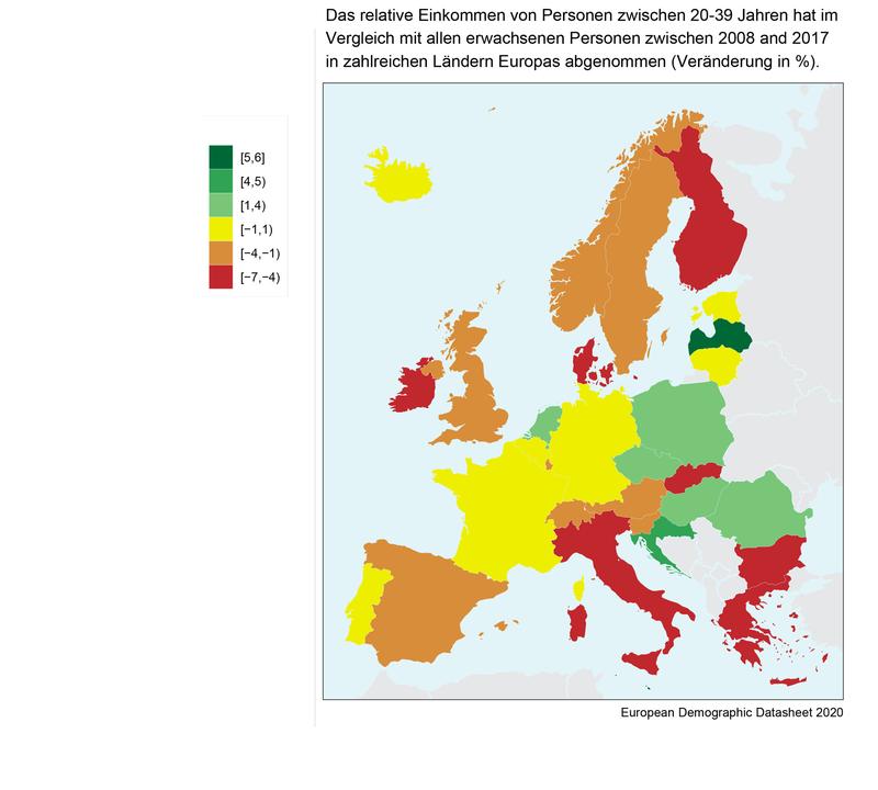 Das relative Einkommen von Personen zwischen 20-39 Jahren hat im Vergleich mit allen erwachsenen Personen zwischen 2008 and 2017 in zahlreichen Ländern Europas abgenommen (Veränderung in %).