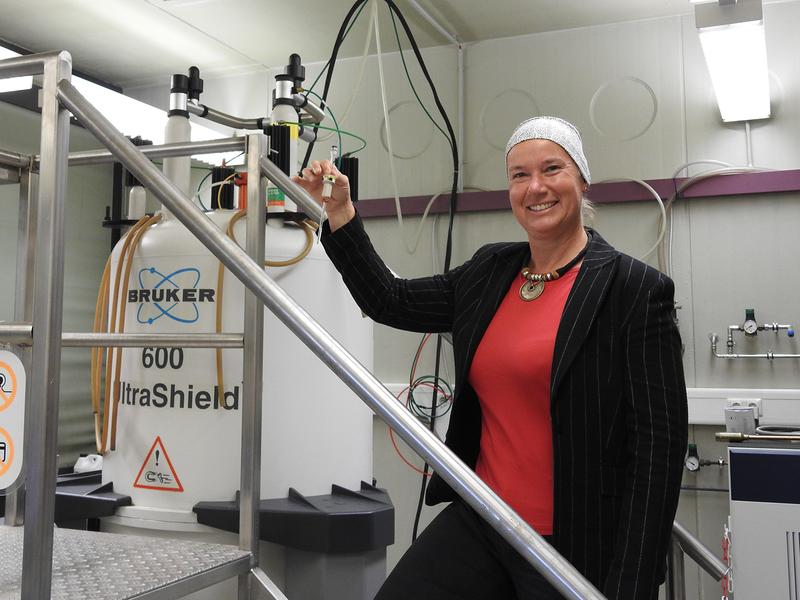 Prof. Dr. Ruth M. Gschwind, wie sie ein NMR-Röhrchen mit Ionenpaaren in das Spektrometer gibt