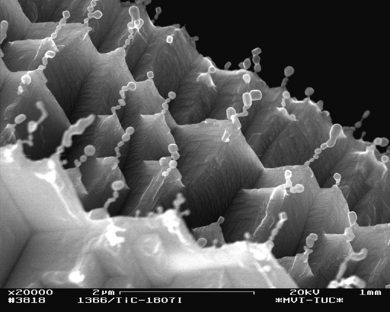 Auf den Spitzen der gezackten Oberfläche bildet sich bei einer Erhitzung auf 2500 K eine zusätzliche Struktur. In ihrer einfachsten Form sind es Ketten von Nanopartikeln, die senkrecht zur Oberfläche stehen.