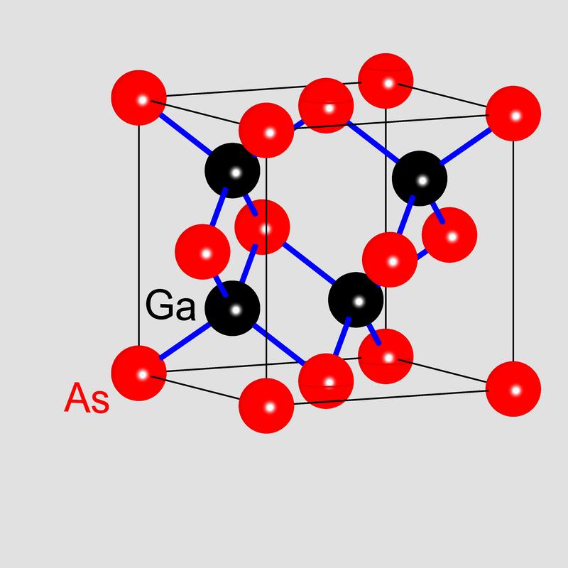 Abb. 1: Elementarzelle von Galliumarsenid mit Galliumatomen und Arsenatomen (siehe ausführliche BU)
