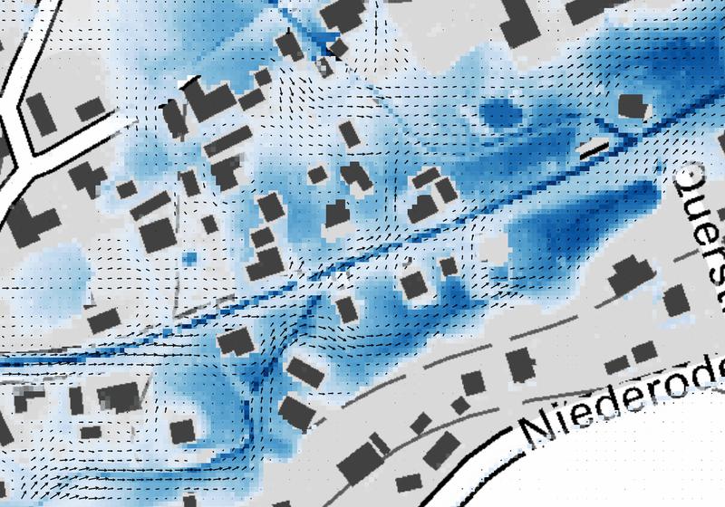 Ausschnitt aus einer Gefahrenhinweiskarte zu möglichen Überschwemmungen bei Starkregen.