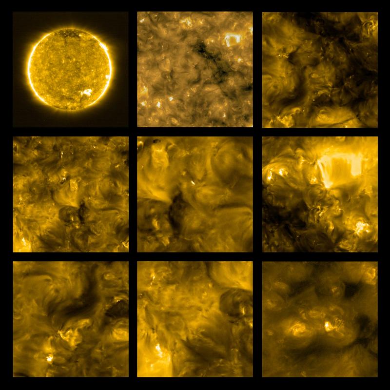 Das Erscheinungsbild der Sonne bei einer Wellenlänge von 17 Nanometern, die im extremen ultravioletten Bereich des elektromagnetischen Spektrums liegt.  Bilder bei dieser Wellenlänge zeigen die Korona, die obere Atmosphäre der Sonne.