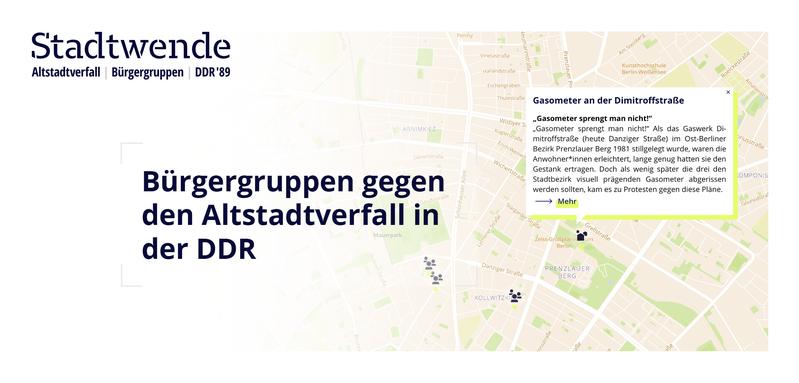 20200715_Stadtwende_webseite_Stadtwendepunkt: Kartenansicht mit geöffnetem Stadtwendepunkt der Stadtwende Webseite, Juli 2020, @ Knick Design, CC BY-NC-SA 4.0