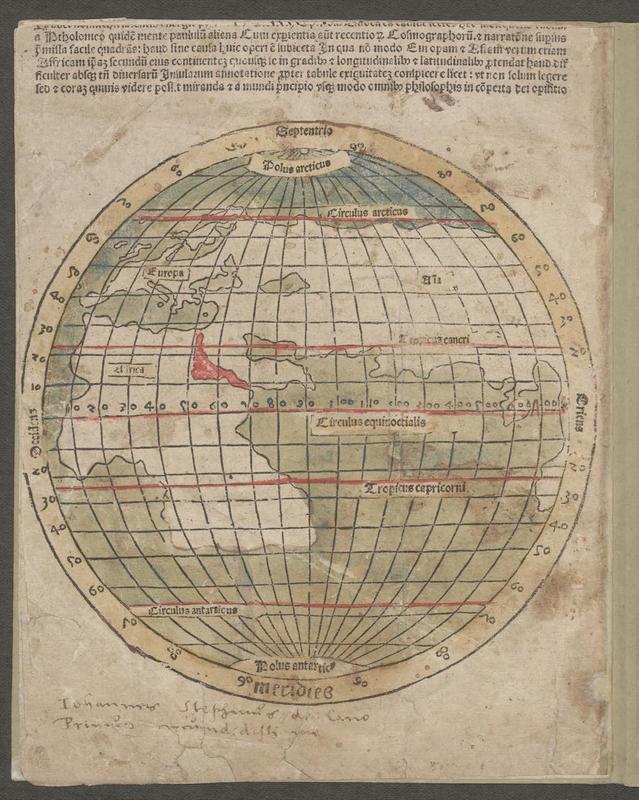 Als einzige Ausgabe des „Novus Mundus“ enthält der Rostocker Druck als ganzseitige Illustration eine handkolorierte Weltkarte (Signatur UB Rostock: SON B 2)