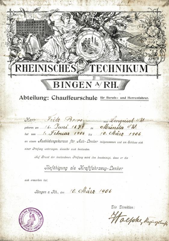 Im Jahr 1906 wurde diese „Befähigung als Kraftfahrzeug-Lenker“ am Rheinischen Technikum Bingen ausgestellt.
