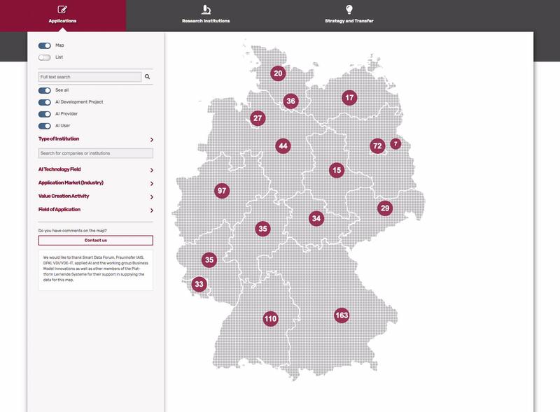 Die KI-Landkarte der Plattform Lernende Systeme zeigt mit knapp 800 Anwendungen, wo KI in Deutschland bereits im Einsatz ist.