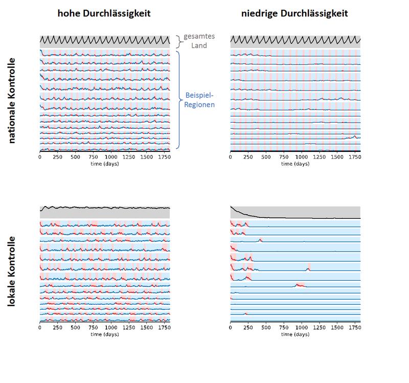 Simulationen für die vier verschiedenen Kombinationen von nationaler/lokaler Kontrolle und hoher/niedriger Durchlässigkeit. 