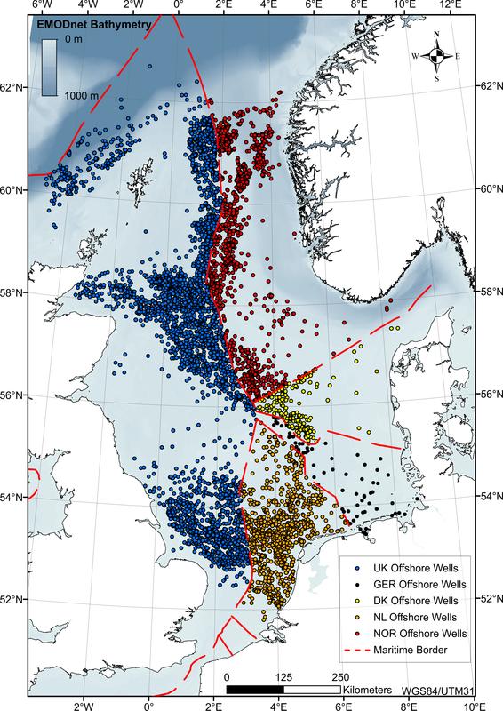 Verteilung der Bohrlöcher auf die ausschließlichen Wirtschaftszonen von Großbritannien, Norwegen, Dänemark, Deutschland und die Niederlande. 