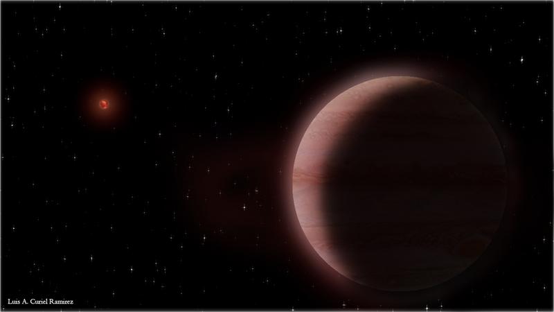Bildliche Darstellung des Planetensystems TVLM 513–46546. Der neu gefundene Planet von der Größe des Saturn ist im Vordergrund zu sehen. Die Muttersonne, ein massearmer und kühler Brauner Zwerg, steht links im Hintergrund. 