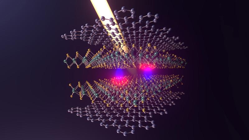 Schematische Darstellung der Elektronen-Loch-Paare (Elektron: pink, Loch: blau), die sich durch Absorption von Licht in der zweilagigen Molybdändisulfidschicht bilden. 