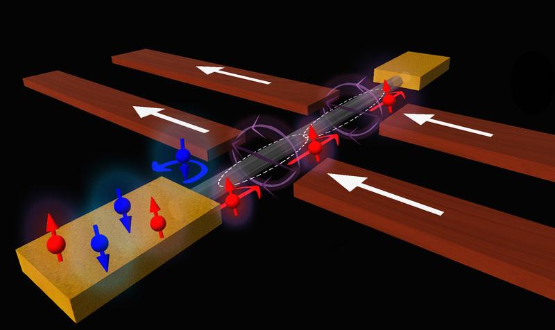 Beide Quantenpunkte (gestrichelte Ellipsen) auf dem Nanodraht sind durch Nanomagnete (braune Balken) so eingestellt, dass sie nur Elektronen mit einem nach oben gerichteten Spin durchlassen.