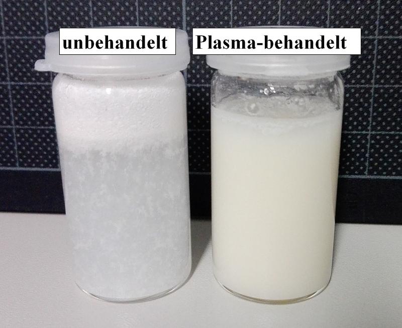 Abbildung 2:Darstellung der verbesserten Dispergierbarkeit eines Polymer (PEEK) –Pulvers in Folge einer Plasmabehandlung in Wasser
