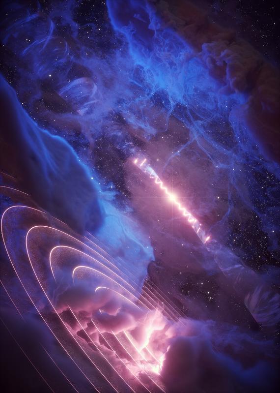 Der Mikroquasar SS 433 (Hintergrund) taumelt mit einer Periode von 162 Tagen. Die 100 Lichtjahre entfernte unscheinbare Gaswolke Fermi J1913+0515 (Vordergrund) pulsiert im selben Rhythmus mit Gammastrahlung, was eine direkte Verbindung nahelegt.
