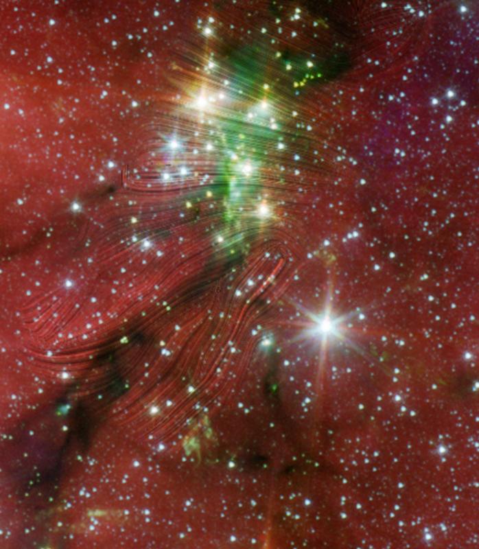 Composite image of the Serpens South Cluster. Magnetic fields observed by SOFIA are shown as streamlines over an image from the Spitzer Telescope, indicating that gravity can overcome the strong magnetic fields to deliver material needed for new stars. 