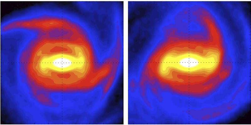 If the Galactic bar and the spiral arms are disconnected, the bar shows its true and smaller structure (left). Every time they meet, the bar appears longer and its rotational speed lower (right). 