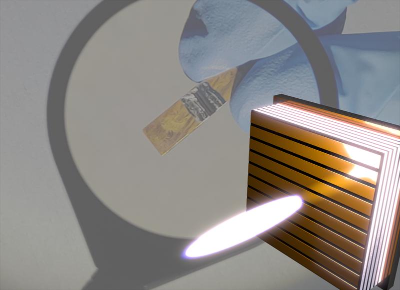 A strong light pulse (white) can turn the saturable absorber (gold grating) into a nearly perfect mirror. Background photo: magnified view of a quantum cascade laser (center part of the silver area).