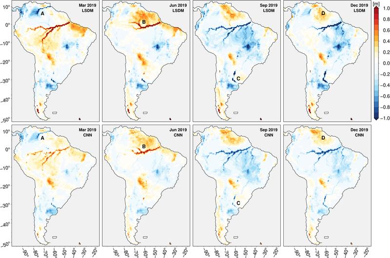 Vergleich der monatlichen mittleren terrestrischen Wasserspeicheranomalien (TWSAs) in ausgewählten Monaten des Jahres 2019. 