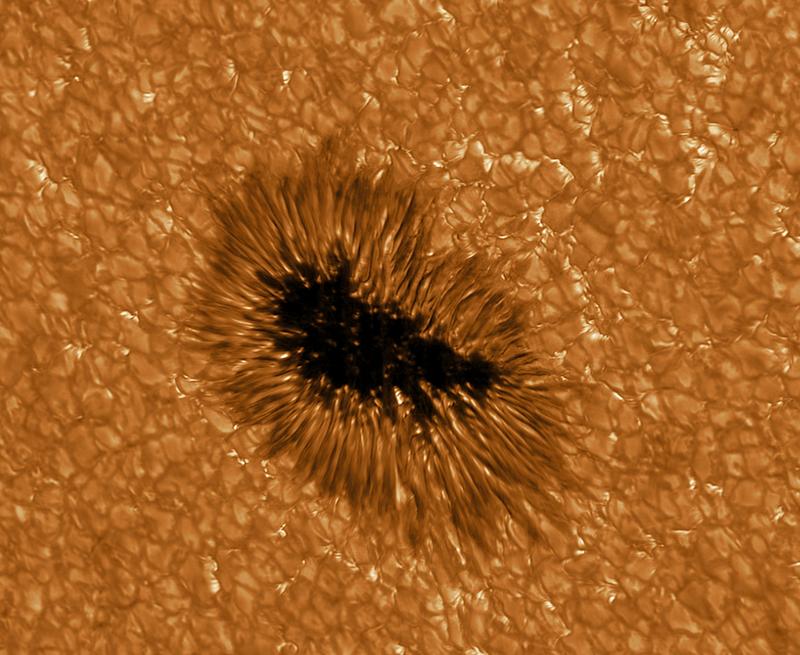 Ein Sonnenfleck in höchster Auflösung, beobachtet mit dem GREGOR Teleskop bei einer Wellenlänge von 430 nm.