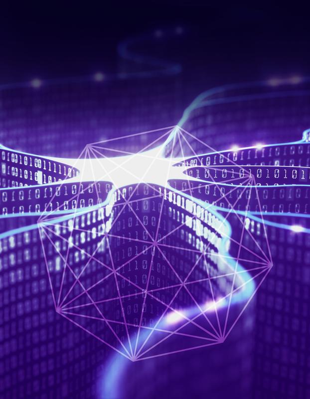 Die Quantenzukunft von Netzwerken in einer künstlerischen Darstellung: Daten fließen sicher zwischen Nutzer/innen. Mithilfe einer zentralen quantenverschränkten Quelle sind alle simultan miteinander verbunden. 