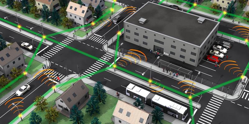 Mobilfunknetz der Zukunft: Extrem kleine Funkzellen („Radio cell“, orange) sind über drahtlose Terahertz-Verbindungen („High-capacity THz link“, grün) miteinander verknüpft. (Abbildung: IPQ, KIT / Nature Photonics) 