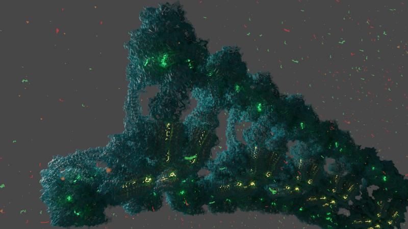 Reihen des ATP-Synthase Enzyms, wie sie sich auf den Furchen der Mitochondrienmembranen bilden würden. ATP, ADP und Lipide sind in leuchtenden Farben dargestellt.