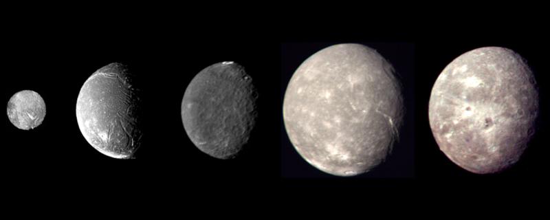 Aufnahmen der fünf größten Uranusmonde Miranda, Ariel, Umbriel, Titania und Oberon. Die Raumsonde Voyager 2 schoss die Bilder am 24. Januar 1986 während eines Vorbeiflugs.