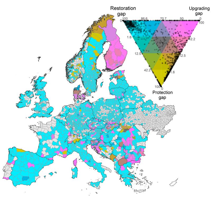 The map shows the distribution of gaps regarding protection, restoration and upgrading of primary forests in Europe to fulfil the current protection goals.