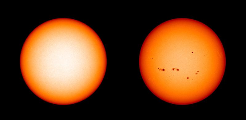 Im Aktivitätsminimum (links) wie hier im Dezember 2019 zeigt sich kein Sonnenfleck auf der sichtbaren Oberfläche der Sonne. Im vergangenen Aktivitätsmaximum (rechts) im Juli 2014 waren gleich mehrere zu sehen. 