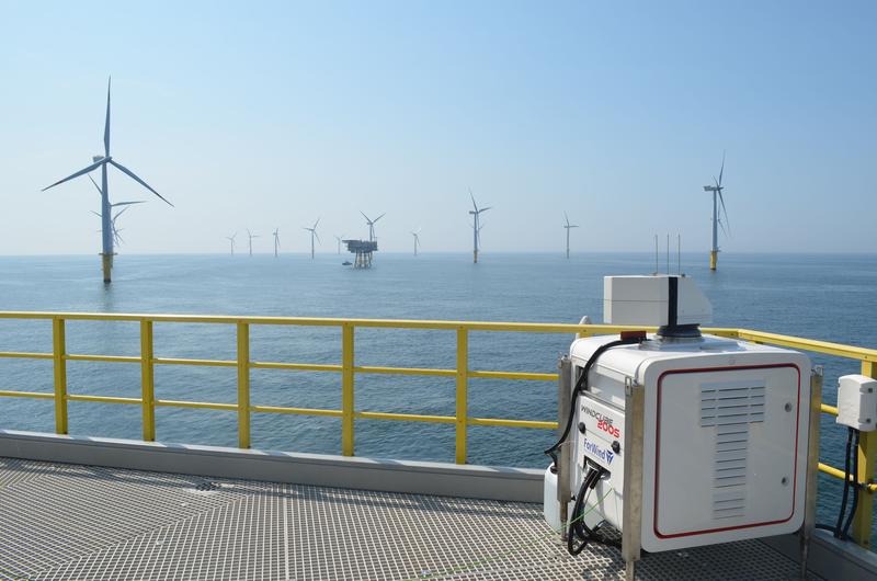 Ein Lidar-Gerät auf der Zugangsplattform einer Offshore-Windenergieanlage liefert kontinuierlich Daten des einströmenden Windfeldes.