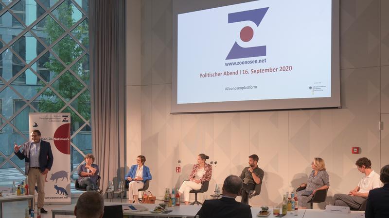 Das Podium der Diskussionsrunde der Zoonosenplattform im Berliner Futurium (v.l.n.r. Stephan Ludwig (stehend), Kirsten Tackman, Sybille Benning, Veronika von Messling, Kai Kupferschmidt, Svenja Schulze, Christian Drosten) 