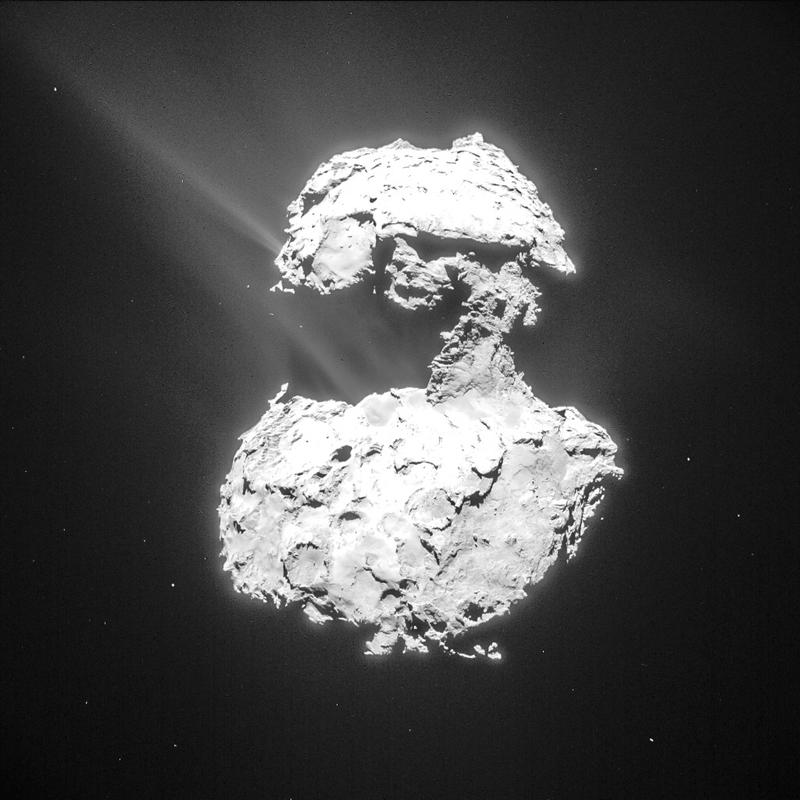 Gas and dust rise from Chury’s surface as the comet approaches the point of its orbit closest to the Sun. 