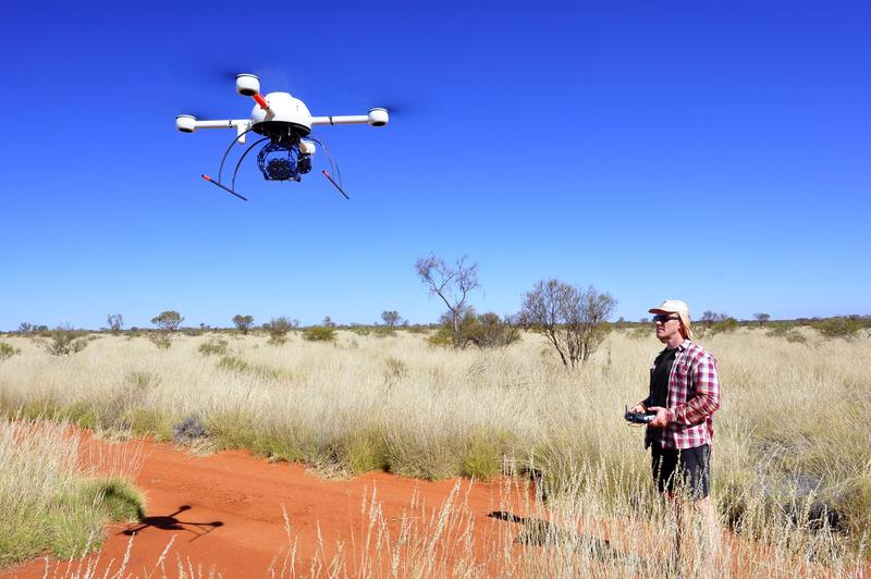 Dr Stephan Getzin from the University of Goettingen flying a Microdrone md4-1000 quadcopter, mounted with a multispectral camera. 