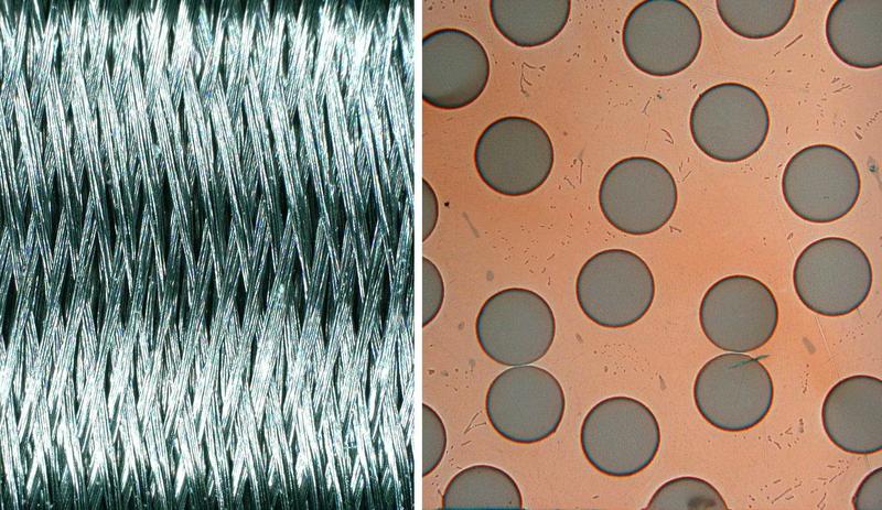 Die haarfeinen, rund 150 Mikrometer dicken Fasern aus Wolfram werden zur Herstellung des Verbundwerkstoffes verflochten (links) und mit flüssigem Kupfer getränkt. Rechts: Unter dem Mikroskop sind in der Kupfermatrix die feinen Wolframfasern zu sehen.