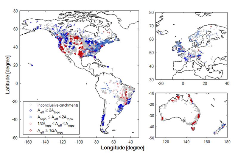 Blue circles indicate that the effective catchment area is larger than the topographic catchment area, while red circles illustrate the opposite. The dark blue and dark red circles indicate large deviations. 