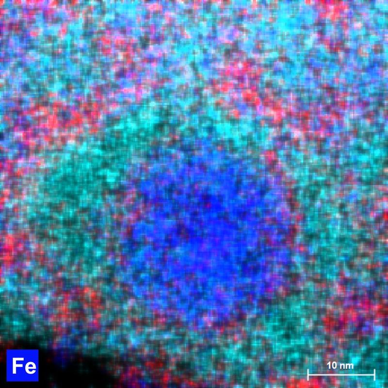 Transmissionselektronenmikroskopische Aufnahme eines Nanokristalls (Durchmesser: ca. 25 Nanometer) in einem basaltischen Magma vom Ätna in Italien. Der mit Eisen (Fe) angereicherte Nanokristall wurde in einem Labor des BGI hergestellt.