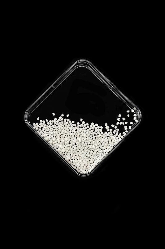 Compounded and granulated polyhydroxybutyrate (PHB). 
