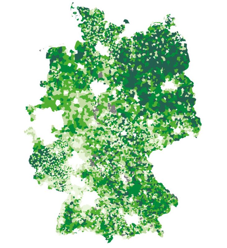 Beispielgrafik: Erreichbarkeit von Hausärzten 2016 mit dem PKW auf Ebene der Gemeinden