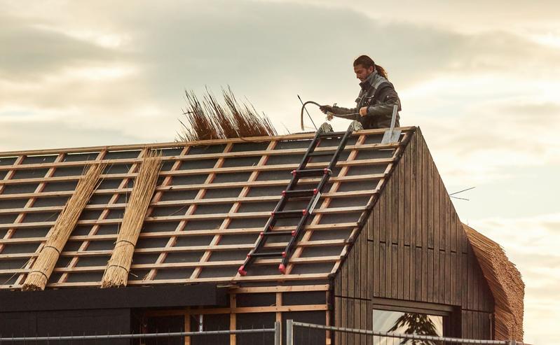 Bauen mit nachwachsende Rohstoffen: Wissenschaftlicher Mitarbeiter Jano Knopp deckt das Dach des kleinen Hauses mit Riesenchinaschilft.
