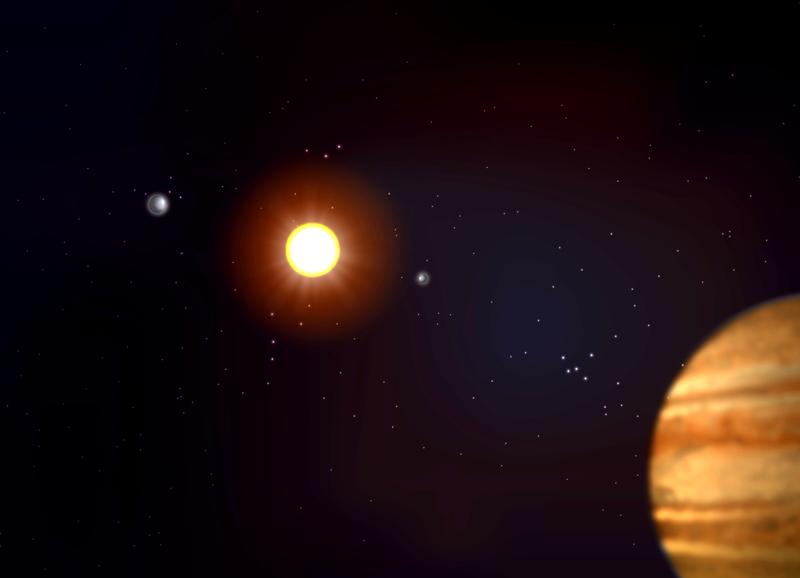 Künstlerische Darstellung eines Planetensystems mit zwei Supererden und einem Jupiter im Orbit um einen sonnenähnlichen Stern.