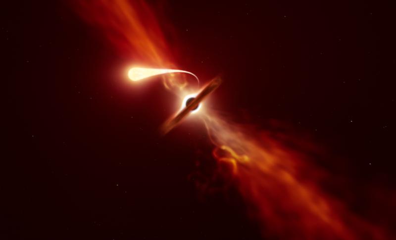 Künstlerische Darstellung eines Sterns, der durch die Gezeitenwirkung eines supermassereichen schwarzen Lochs aufgerieben wird.